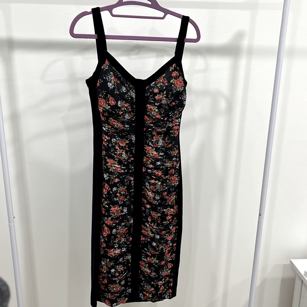 Ruched Black Floral Bodycon Dress